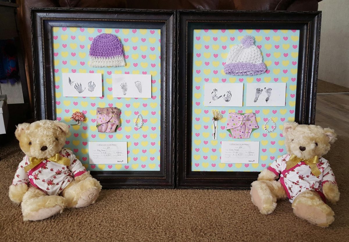 rileyrissie Image of photo boards, tiny diapers and hats in remembrance of Riley and Rissie