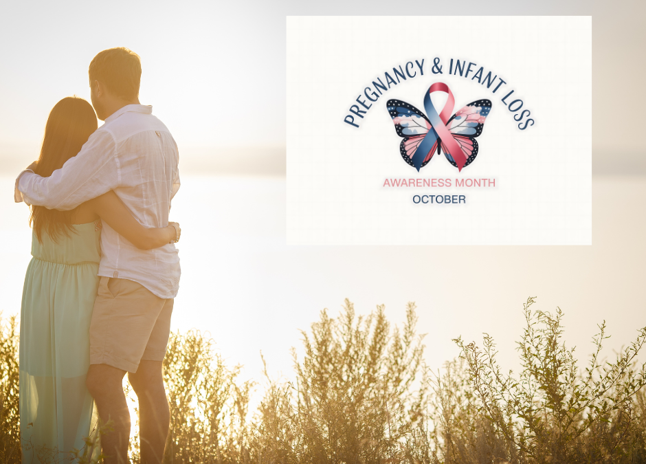 Man and woman hug, looking out at the distance. Pregnancy and infant loss awareness month - October