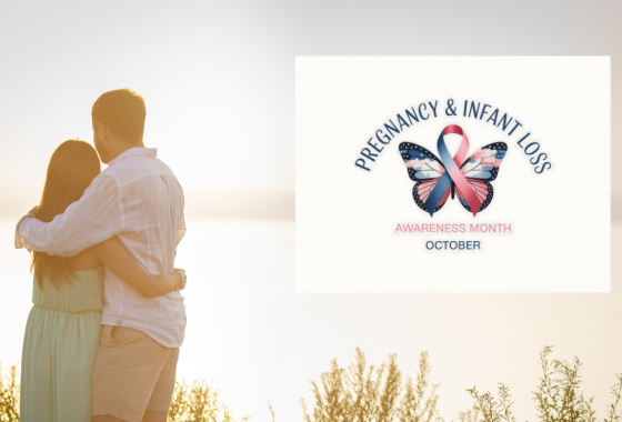 Man and woman hug, looking out at the distance. Pregnancy and infant loss awareness month - October