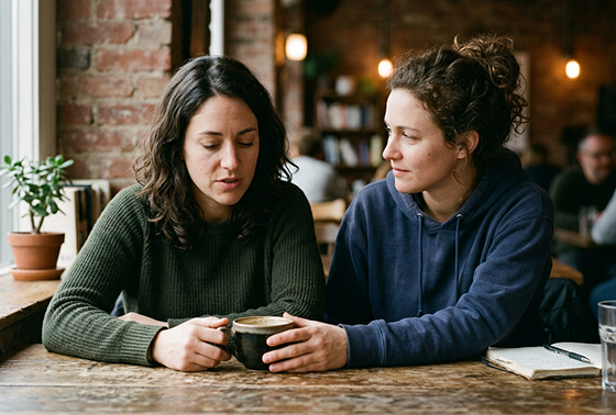 Two women in a coffee shop sit quietly